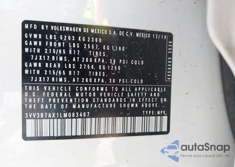 2020 Volkswagen Tiguan 2.0T Se/2.0T Se R-Line Black/2.0T Sel z USA, uszkodzony, nr VIN 3VV3B7AX1LM083467